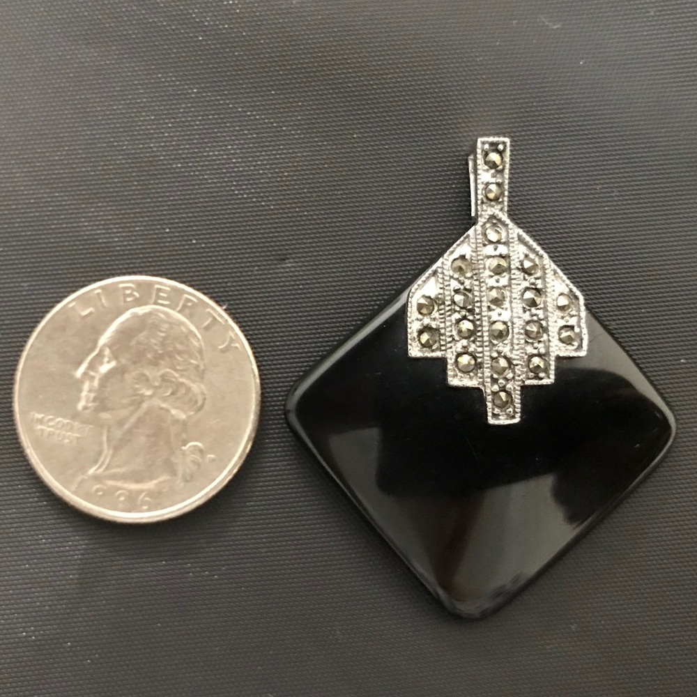 Silver Square Pendant with Black Onyx & Marcasite